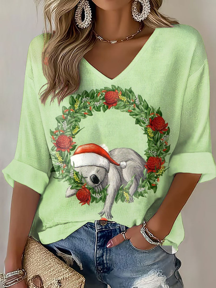 Women's AU Art Funny Koala Christmas Printed Waffle T-shirt