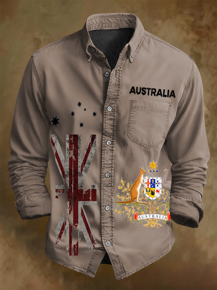 Men's Retro Australian Flag Badge Print Casual Long Sleeve Pocket Shirt