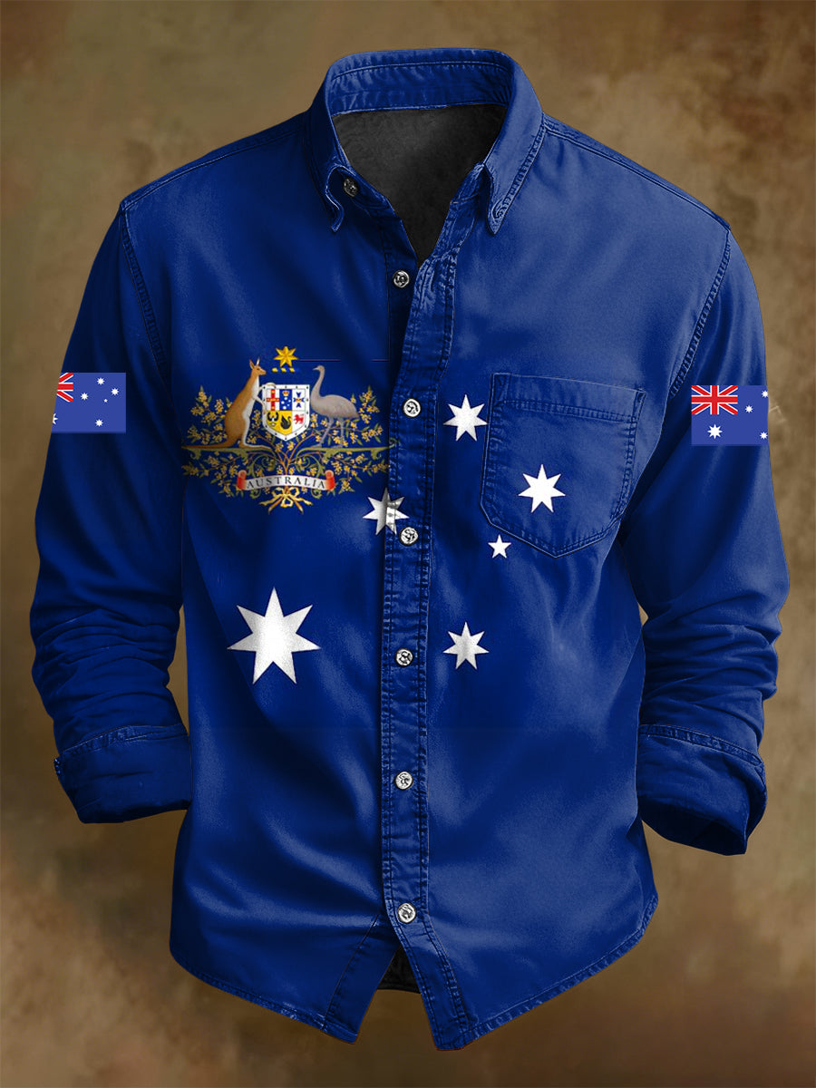 Men's Retro Australian Flag Badge Print Casual Long Sleeve Pocket Shirt