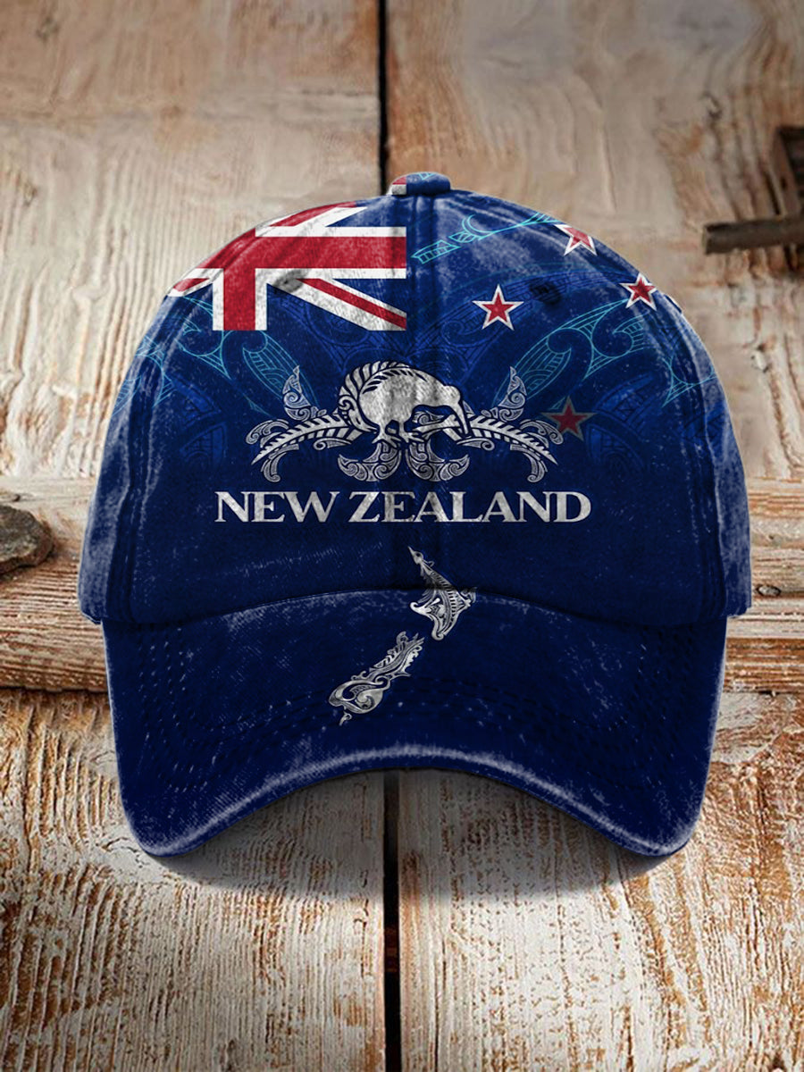 Vintage Retro New Zealand Indigenous Flag Badge Casual Print Washed Hat