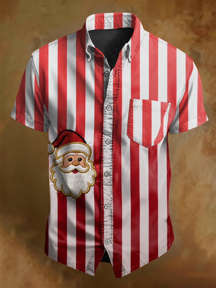 Men's Retro Australian Santa Claus Stripes Print Casual Short-sleeve Pocket Shirt