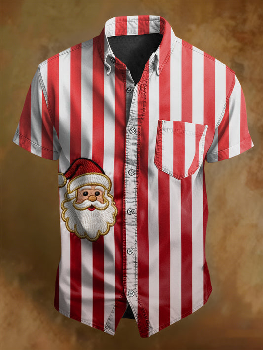 Men's Retro Australian Santa Claus Stripes Print Casual Short-sleeve Pocket Shirt