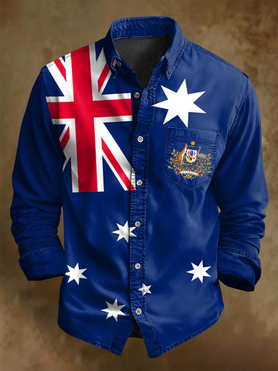 Men's Retro Australian Flag Badge Print Casual Long Sleeve Pocket Shirt