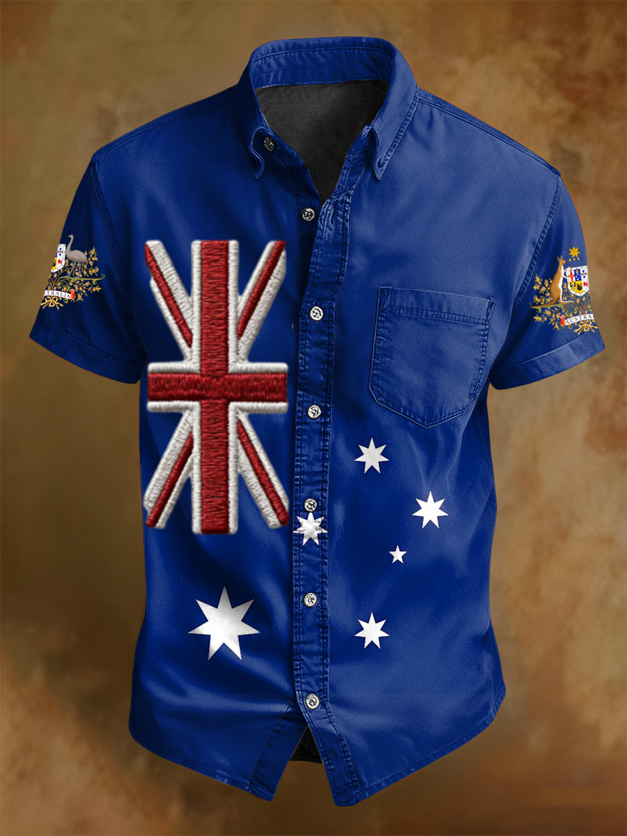 Men's Retro Australian Flag Badge Print Casual Short-sleeve Pocket Shirt