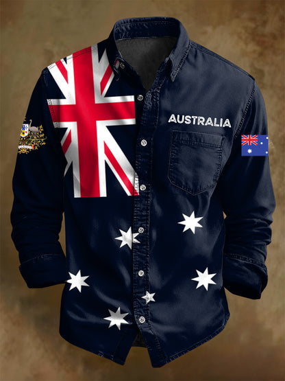Men's Retro Australian Flag Badge Print Casual Long Sleeve Pocket Shirt