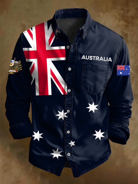 Men's Retro Australian Flag Badge Print Casual Long Sleeve Pocket Shirt
