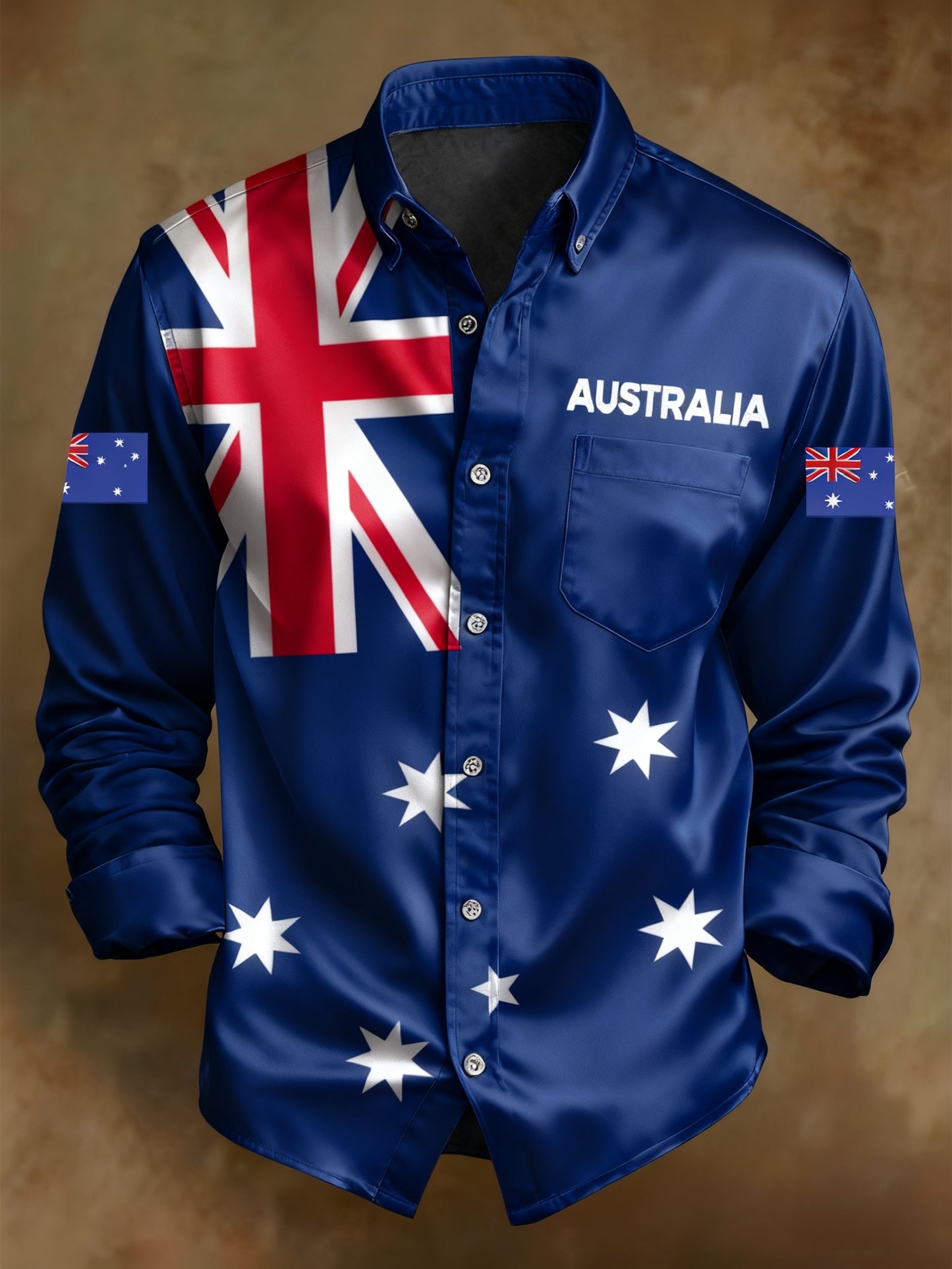 Men's Retro Australian Flag Badge Print Royal Luxury Long Sleeve Pocket Shirt