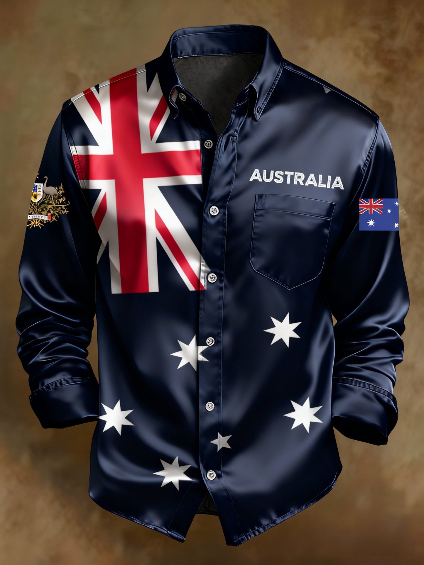Men's Retro Australian Flag Badge Print Royal Luxury Long Sleeve Pocket Shirt