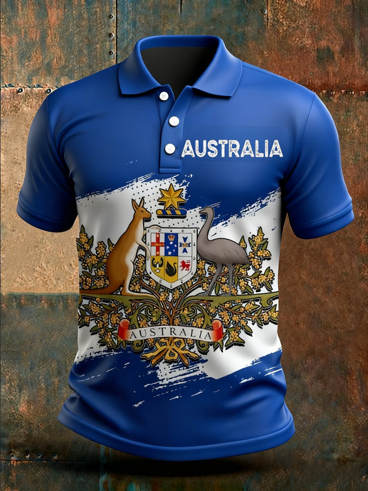 Men's  Vintage Australian Flag Badge Printed Casual Cotton Short Sleeve Polo Shirt