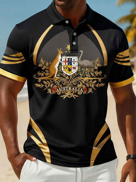 Vintage Australian Flag Badge Sports Patchwork Printed Casual Cotton Short Sleeve Polo Shirt