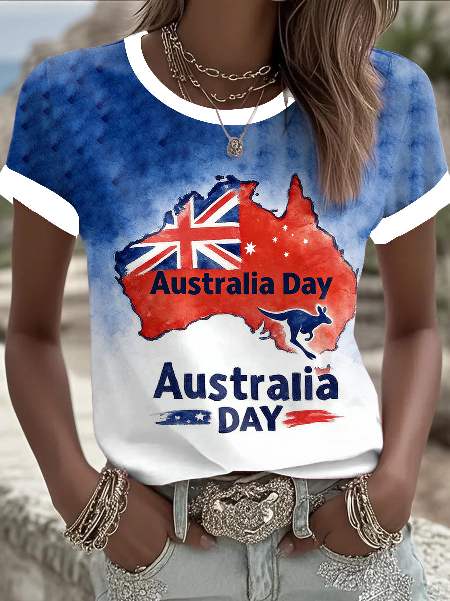 Retro Australia Day Flag Badge Kangaroo  Print Casual Cotton Short Sleeve T-Shirt