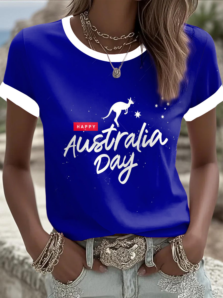 Retro Australia Day Flag Badge Kangaroo  Print Casual Cotton Short Sleeve T-Shirt