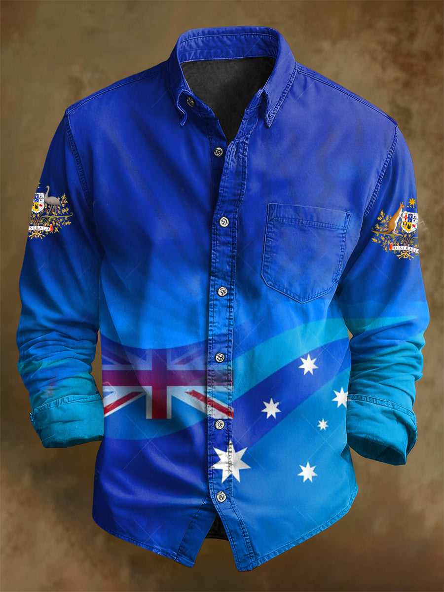 Men's Retro Australia Day Flag Badge Print Casual Long Sleeve Pocket Shirt