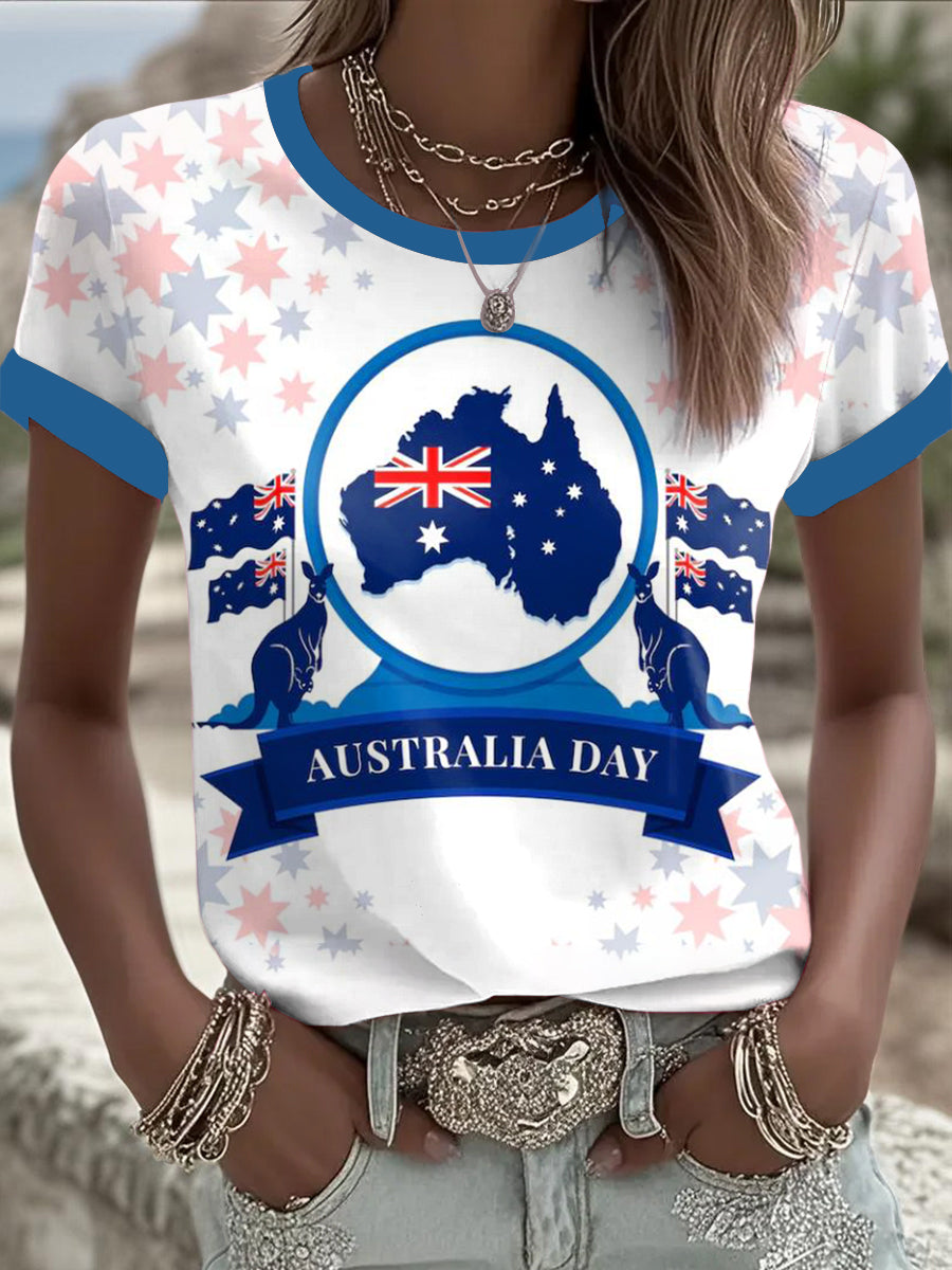Retro Australia Day Flag Badge Kangaroo  Print Casual Cotton Short Sleeve T-Shirt