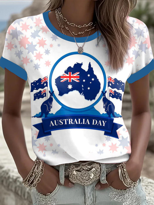 Retro Australia Day Flag Badge Kangaroo  Print Casual Cotton Short Sleeve T-Shirt