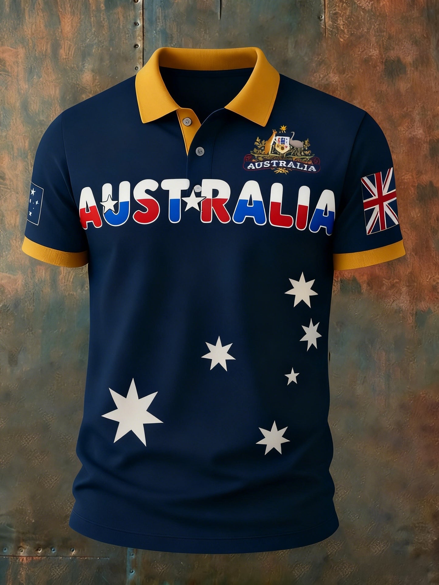 Vintage Australian Flag Badge Patchwork Printed Casual Cotton Short Sleeve Pocket Polo Shirt
