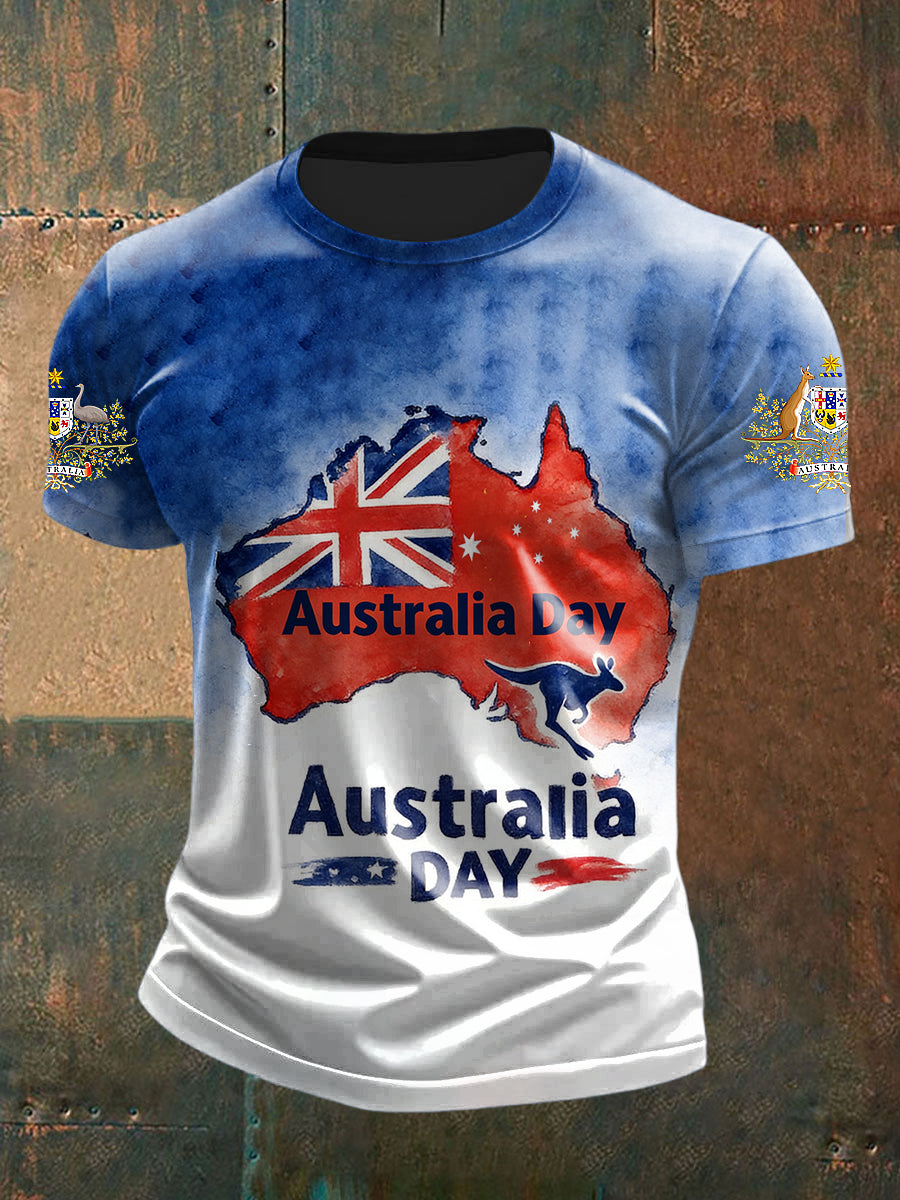 Vintage Australian Flag Badge Print Casual Cotton Short Sleeve T-Shirt