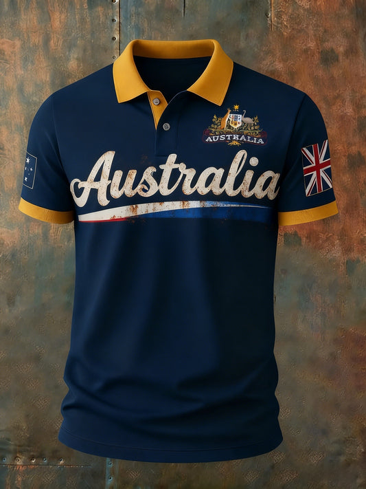Vintage Australian Flag Badge Patchwork Printed Casual Cotton Short Sleeve Pocket Polo Shirt