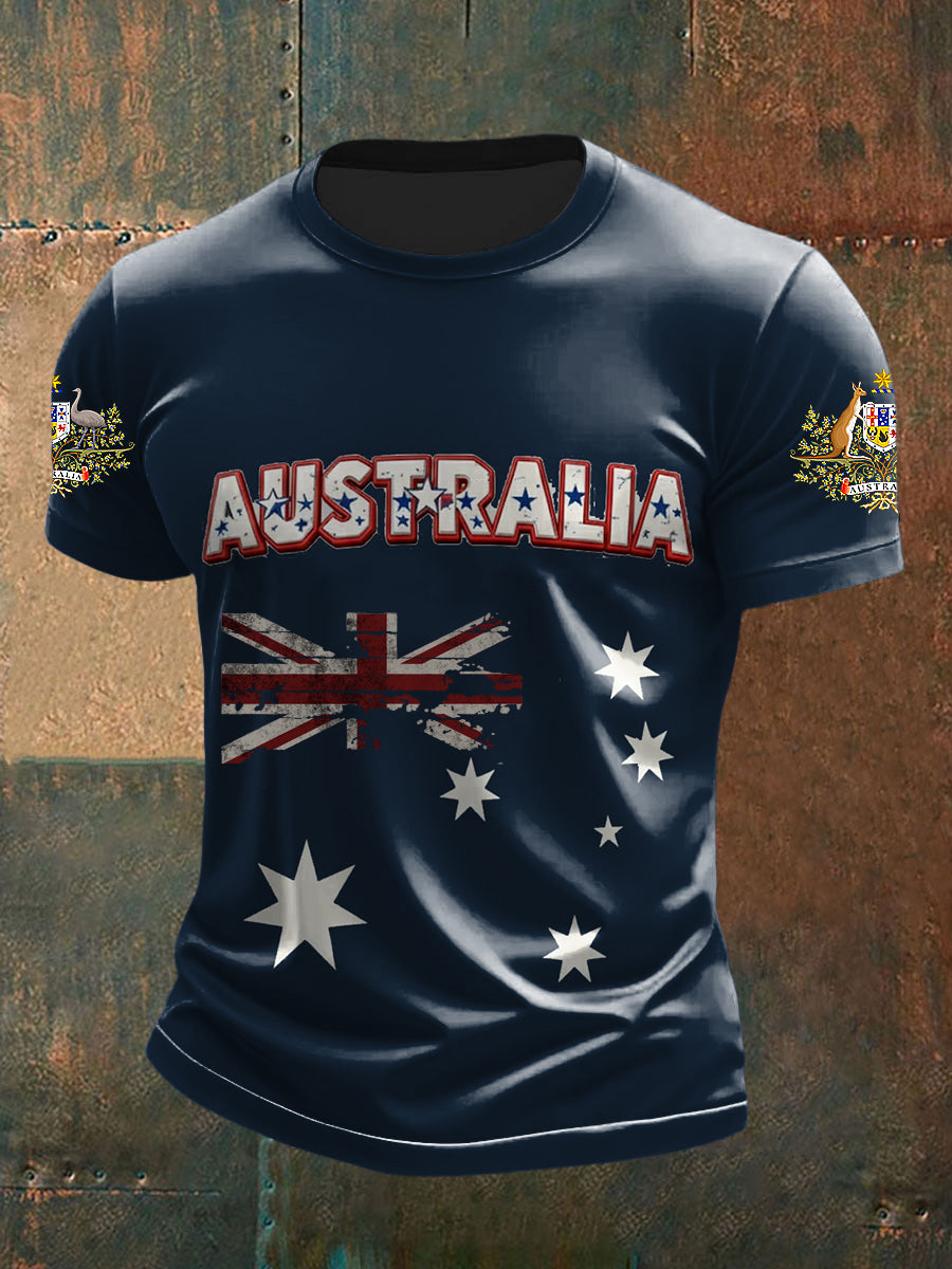 Vintage Australian Flag Badge Print Casual Cotton Short Sleeve T-Shirt