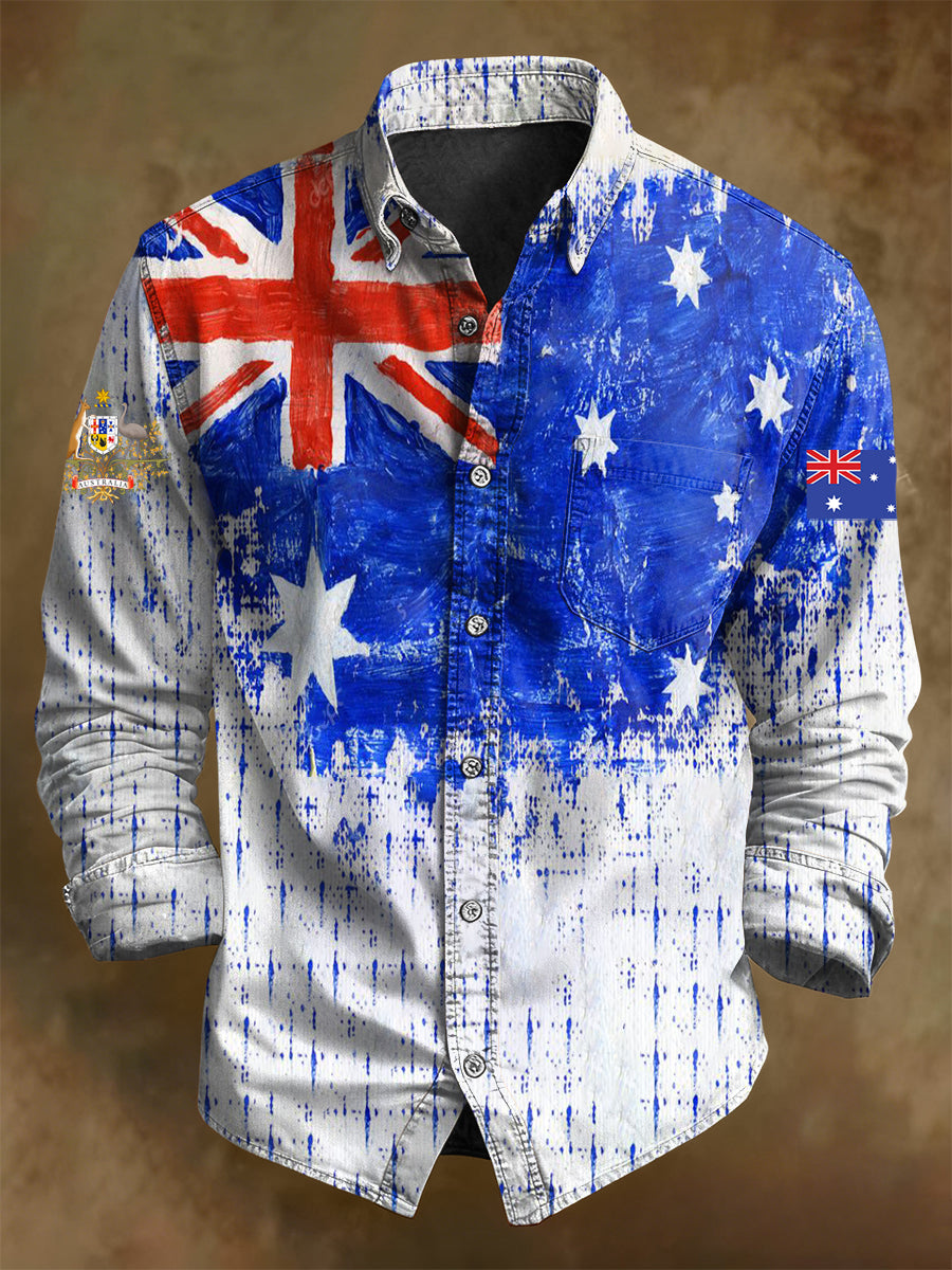 Men's Retro Australian Flag Badge Tie-Dye Print Casual Long Sleeve Pocket Shirt