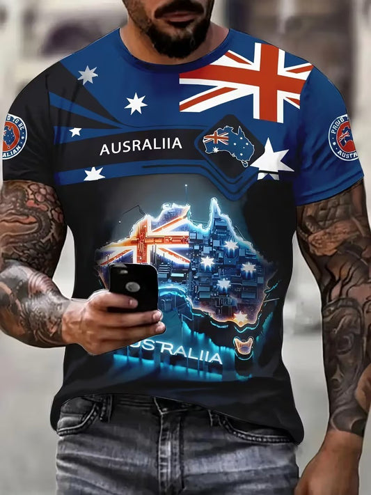 Men's Retro Australian Flag Badge  Print Casual Short-Sleeve T-Shirt