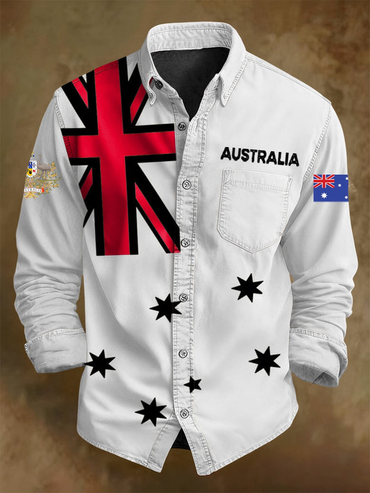 Men's Retro Australian Flag Badge Print Casual Long Sleeve Pocket Shirt
