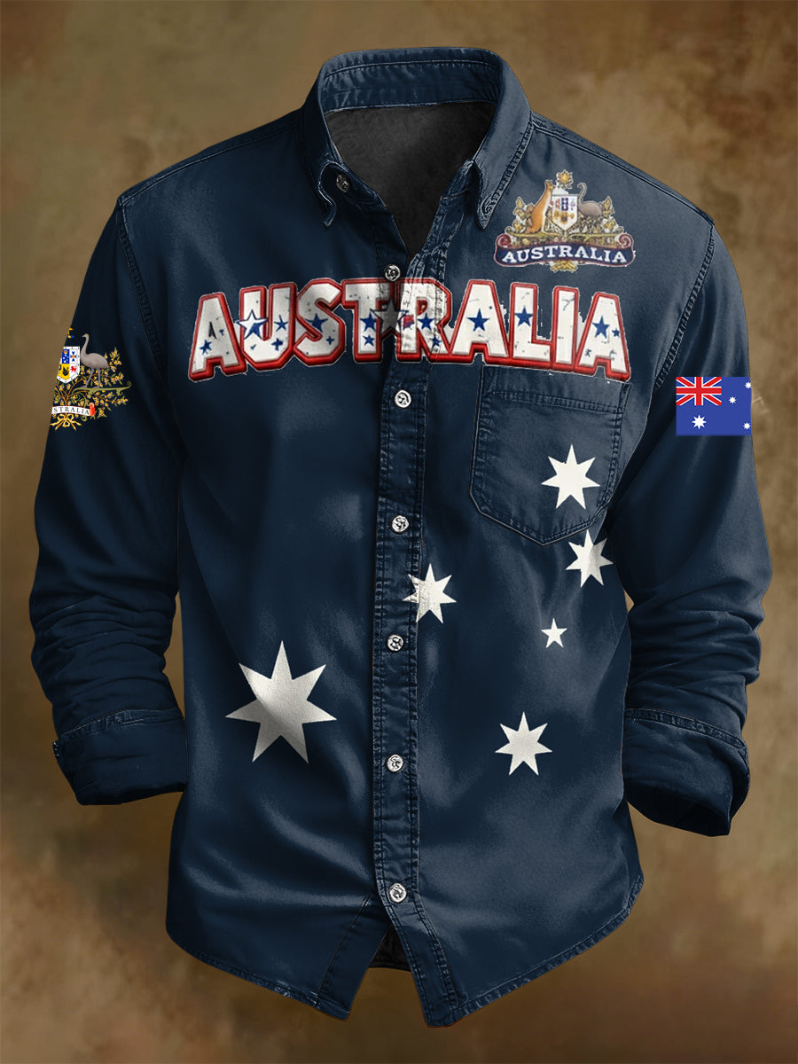 Vintage Australian Flag Badge Sports Patchwork   Print Casual Long Sleeve Shirt