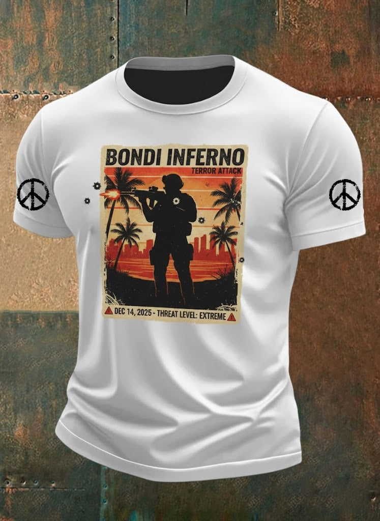 Men's  Vintage Australian Peace Bondi Beach Attack Shatters  Printed Casual Cotton Short Sleeve T-Shirt