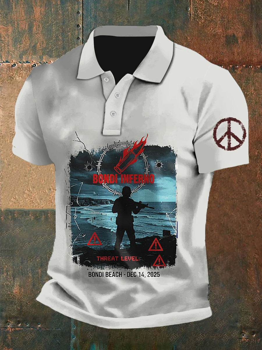 Men's  Vintage Australian Peace Bondi Beach Attack Shatters  Printed Casual Cotton Short Sleeve Polo Shirt