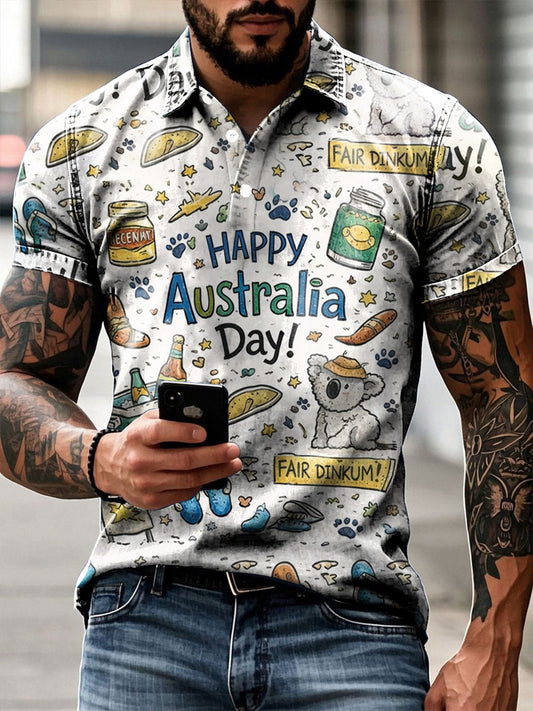 Retro Happy Australia Day  Printed Casual Cotton Short Sleeve Polo Shirt