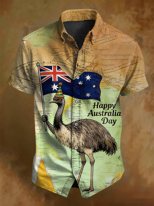 Retro Happy Australia Day  Print Casual Cotton Short Sleeve Pocket Shirt