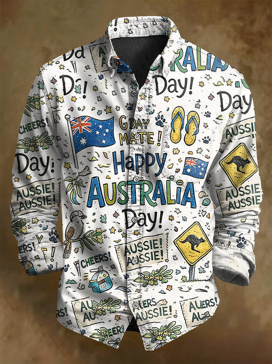 Retro Happy Australia Day  Print Casual Long Sleeve Shirt
