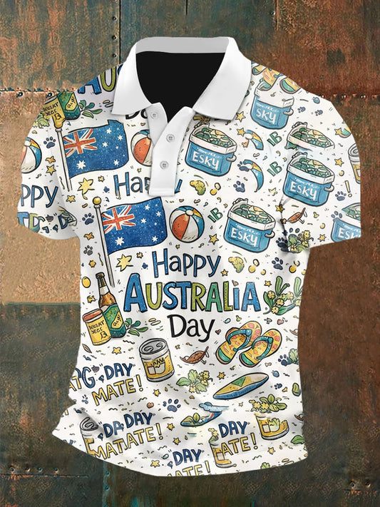 Retro Happy Australia Day  Printed Casual Cotton Short Sleeve Polo Shirt