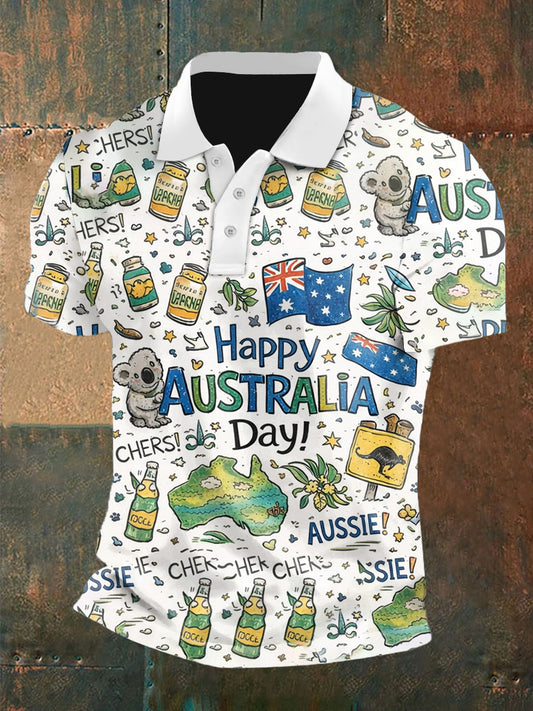Retro Happy Australia Day  Printed Casual Cotton Short Sleeve Polo Shirt