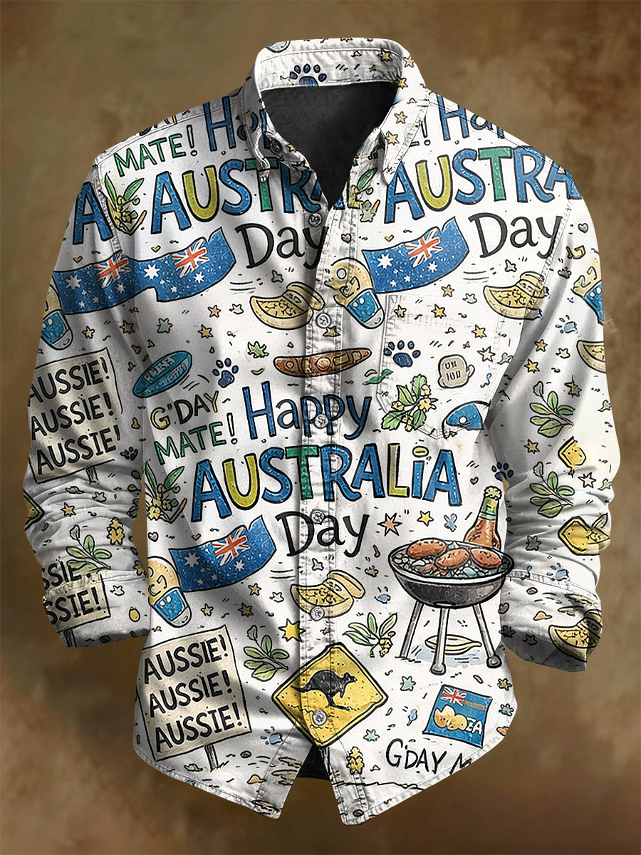Retro Happy Australia Day  Print Casual Long Sleeve Shirt