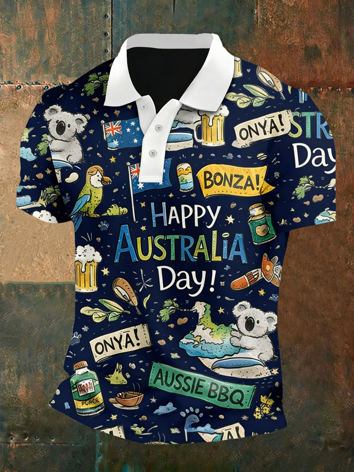 Retro Happy Australia Day  Printed Casual Cotton Short Sleeve Polo Shirt
