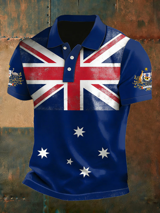 Vintage Australian Flag Badge Print Casual Cotton Short Sleeve Polo Shirt