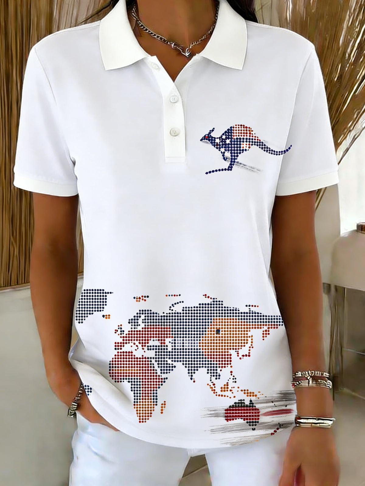 Women's  Vintage Australian Flag Dot-Painting Kangaroo Art Printed Casual Cotton Short Sleeve Polo Shirt