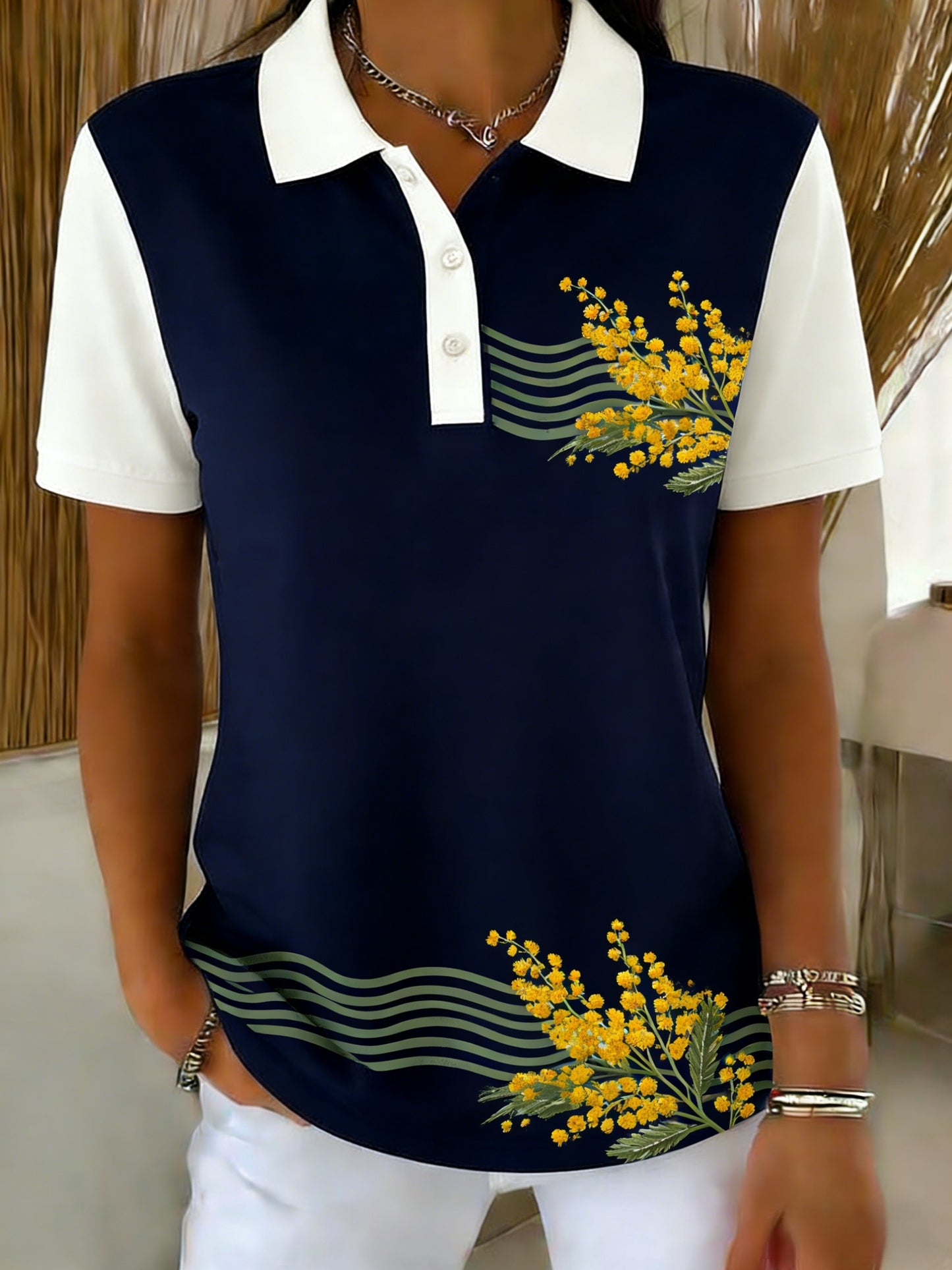 Women's  Vintage Australian Flag Floral Art Printed Casual Cotton Short Sleeve Polo Shirt