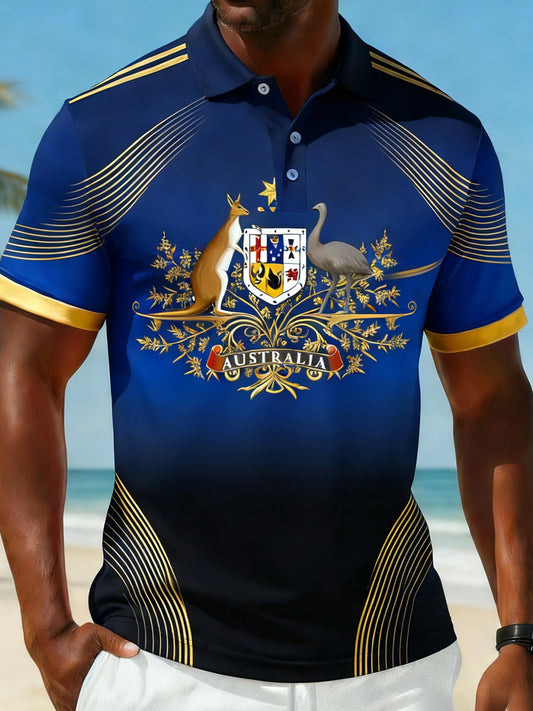 Men's  Vintage Australian Flag Badge Printed Casual Cotton Short Sleeve Sports Stripe Polo Shirt