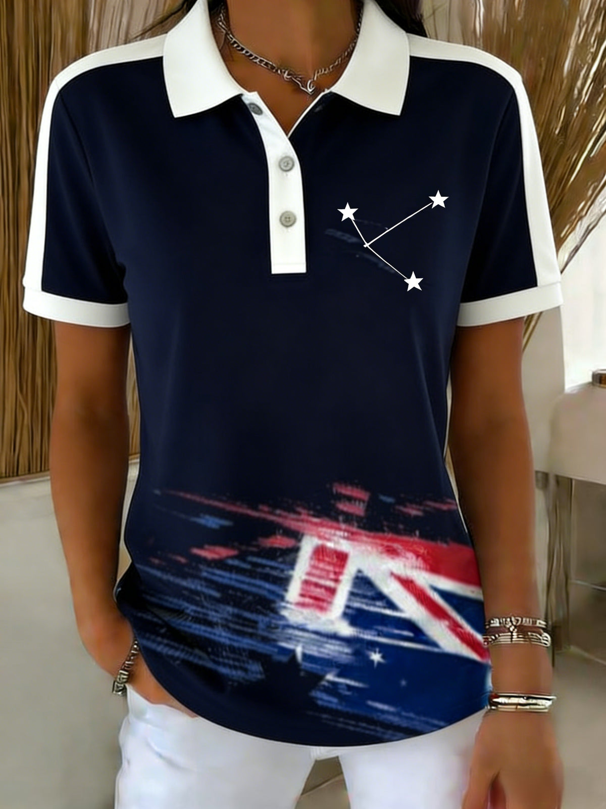 Women's  Vintage Australian Flag Badge Printed Casual Cotton Short Sleeve Polo Shirt