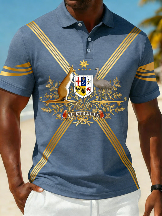 Men's  Vintage Australian Flag Badge Printed Casual Cotton Short Sleeve Sports Stripe Polo Shirt