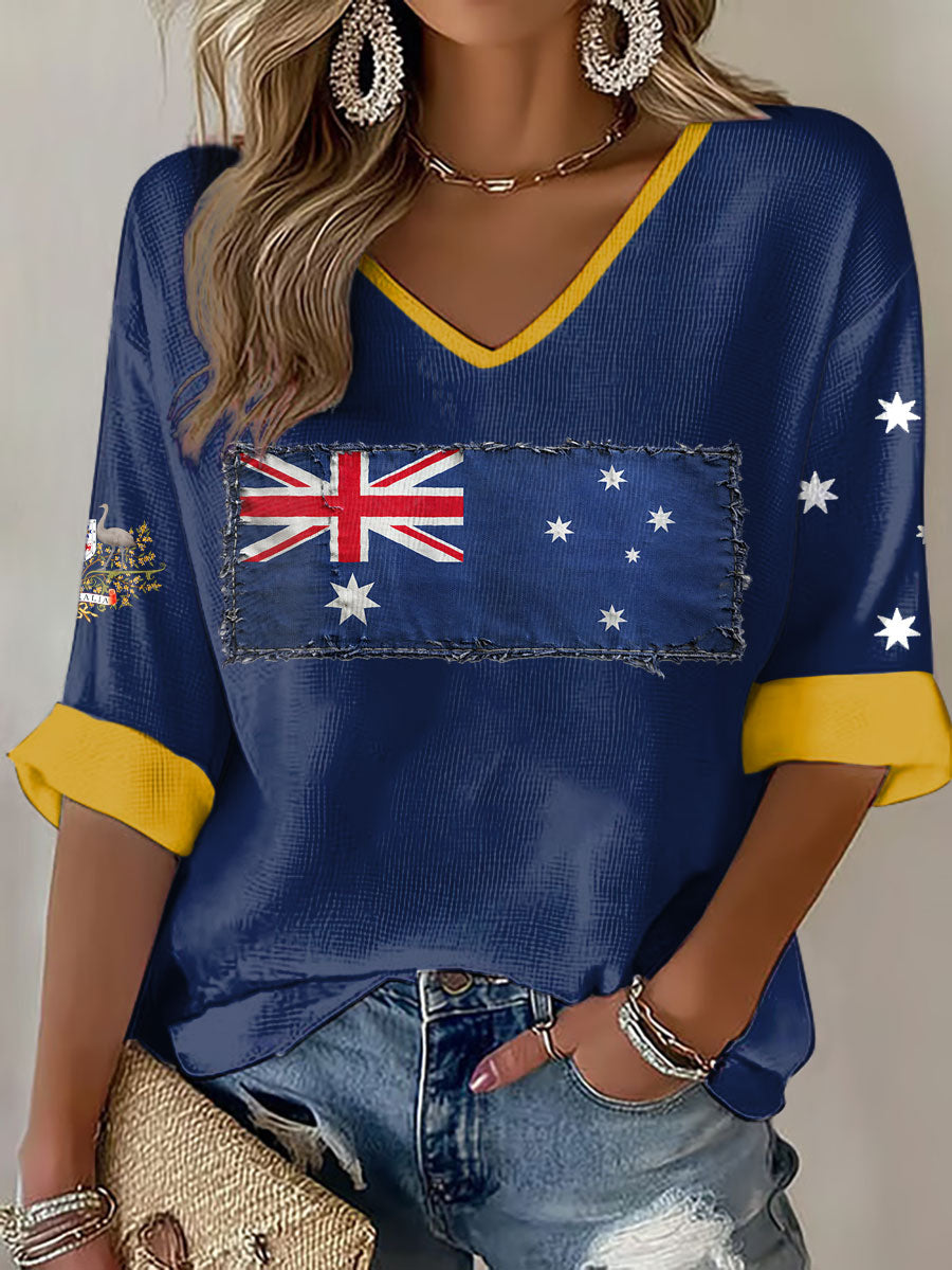 Women's AU Flag Australia Day Printed Waffle T-shirt