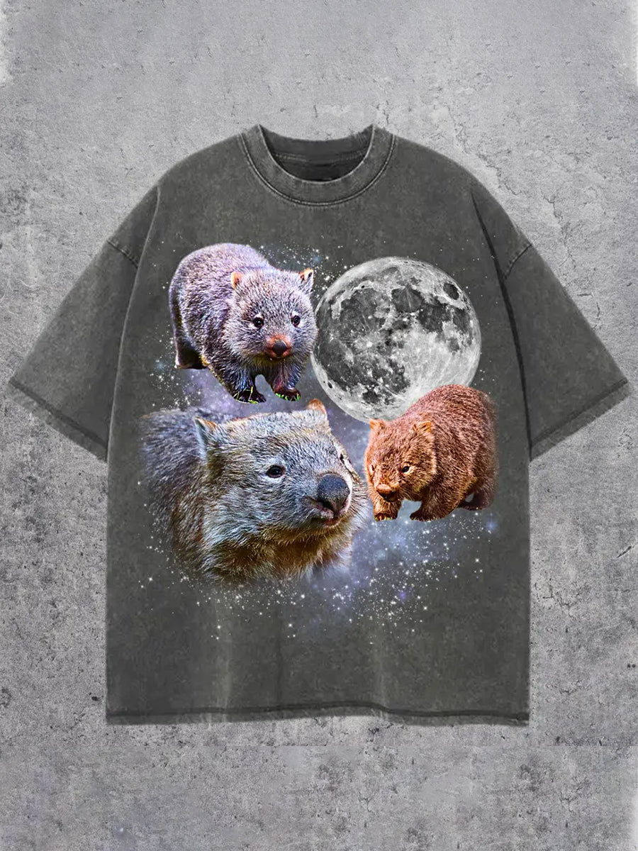 Men's Vintage Galaxy Moon Wombat Funny Three Wombats Graphic Short Sleeve T-shirt
