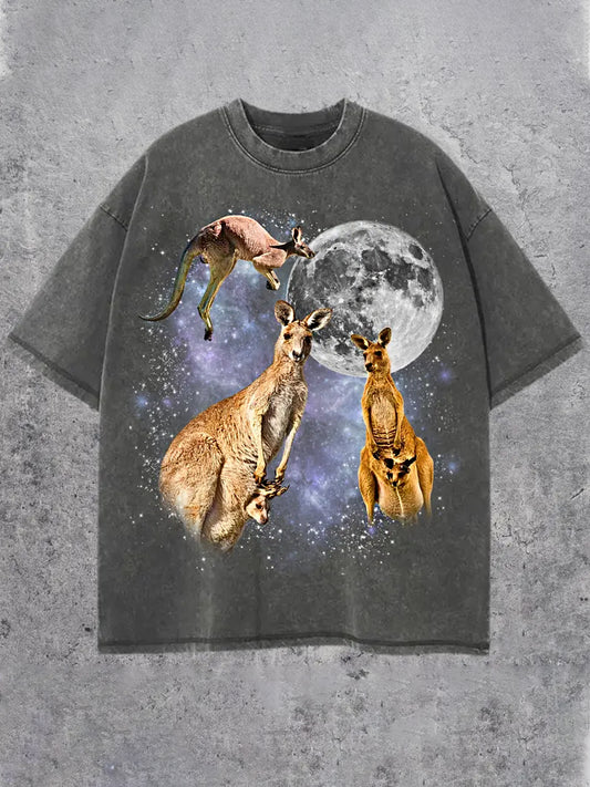 Men's  Vintage Aussie Wildlife Moon Three Kangaroo Graphic Short Sleeve T-shirt