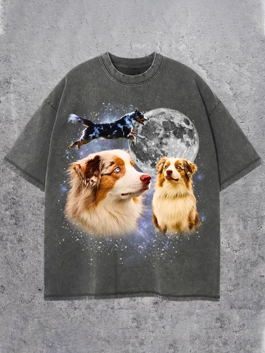 Men's Vintage Three Australian Shepherd Moon Graphic Short Sleeve T-shirt
