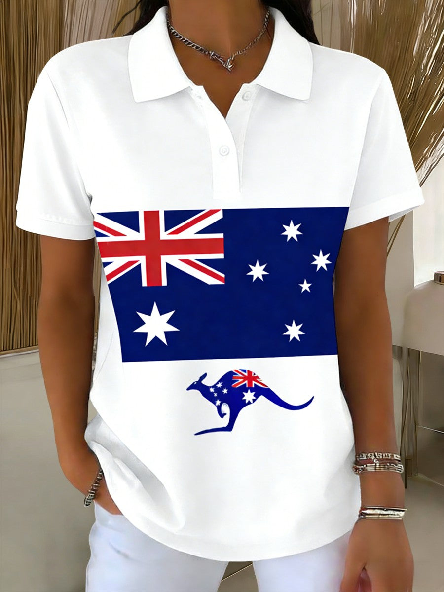 Women's  Vintage Australian Flag Badge Art Printed Casual Short Sleeve Polo Shirt