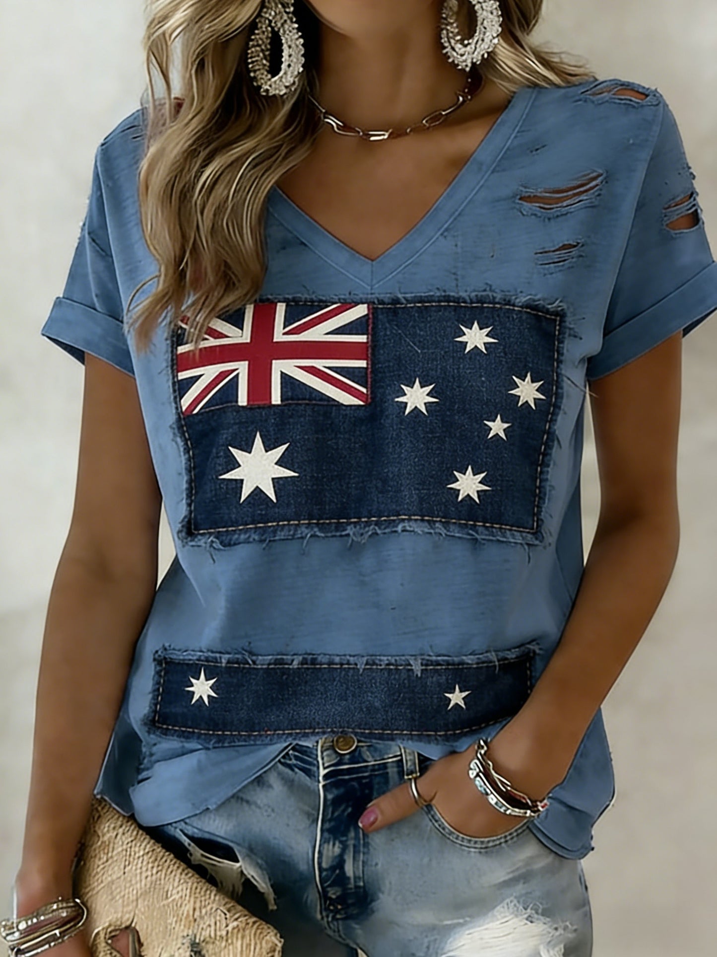Women's  Vintage Australian Flag Badge Art Print V-Neck Short Sleeve T-Shirt