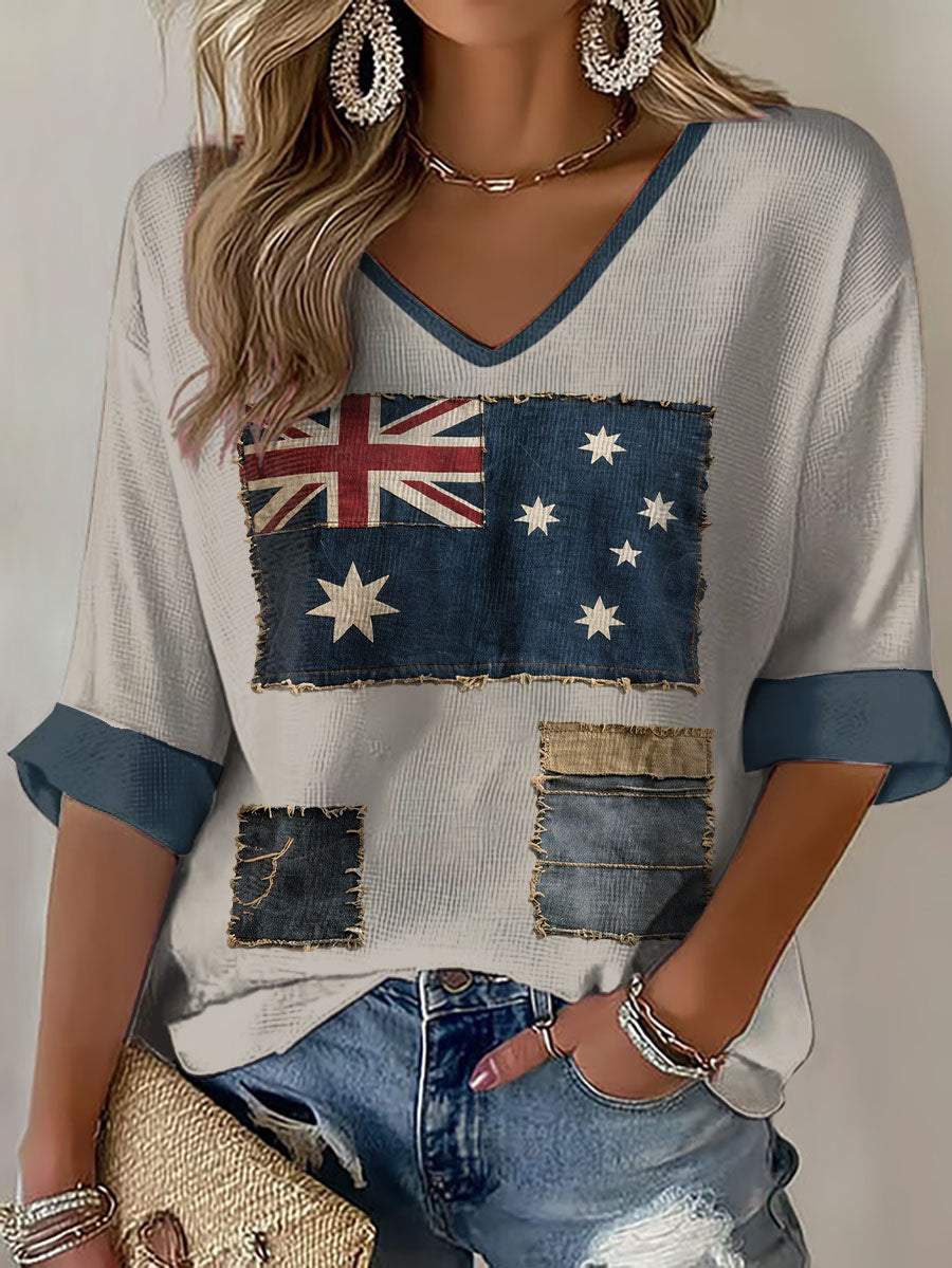 Women's AU Falag Australia Day Art Printed Waffle Tops