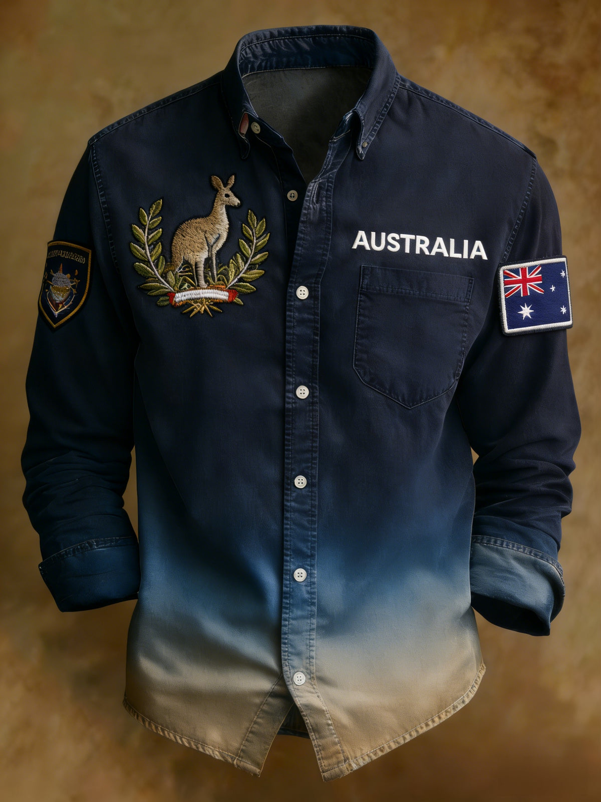 Vintage Australian Flag Badge Denim Art Print Casual Long-Sleeved Shirt
